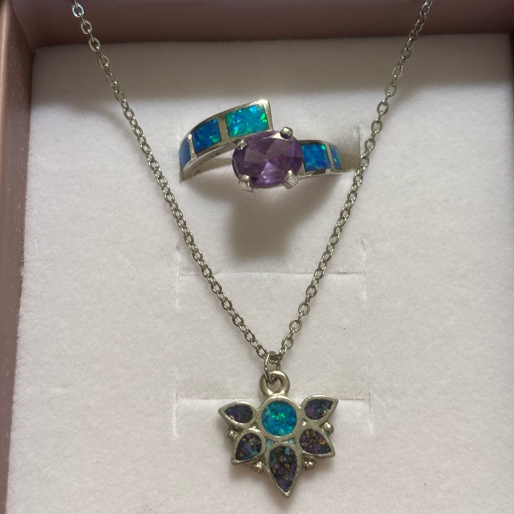 Silver Necklace and Ring Set with Purple and Blue Stones